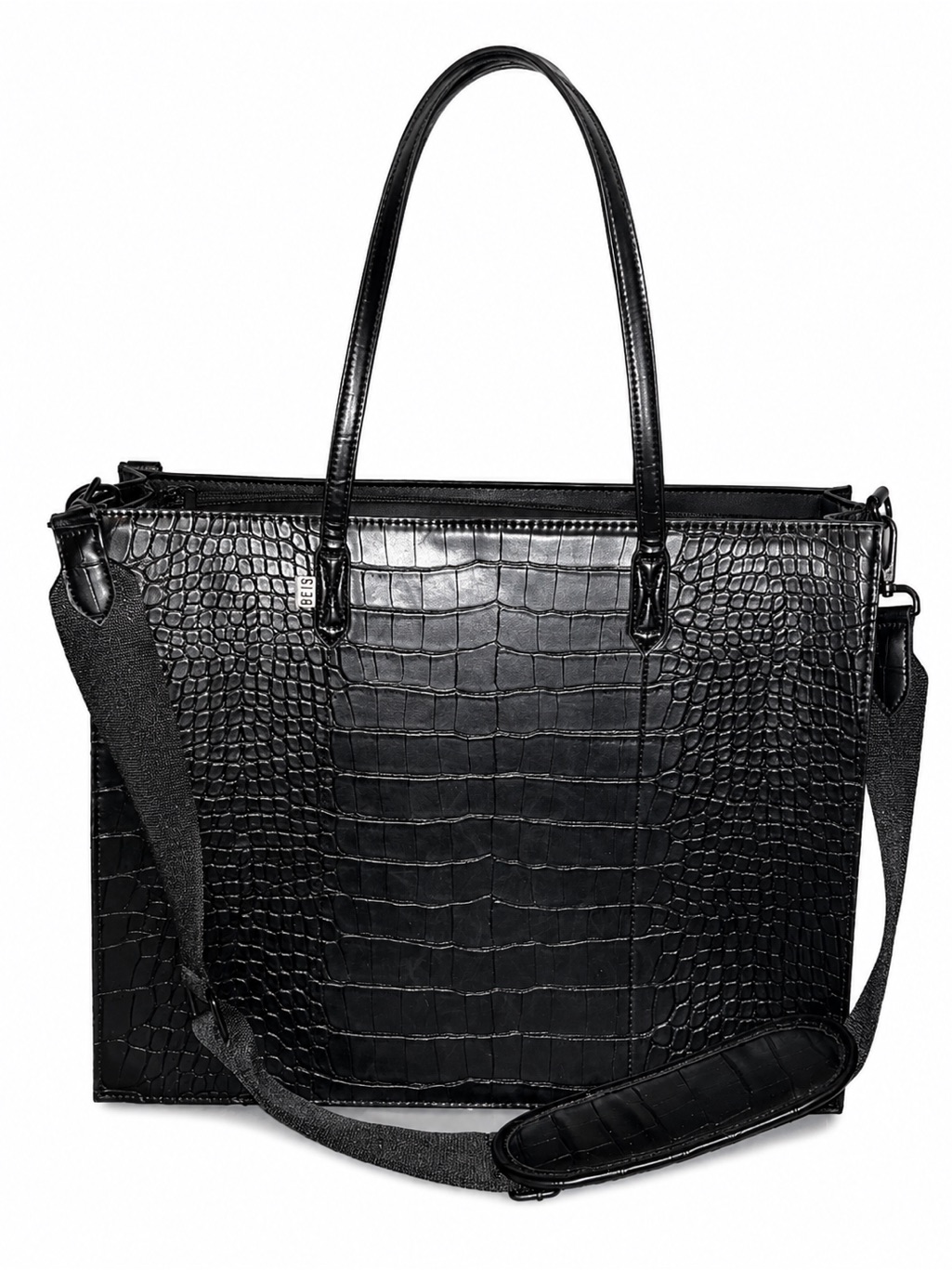 Beis Black Croc-Embossed Tote With Detachable Shoulder Strap